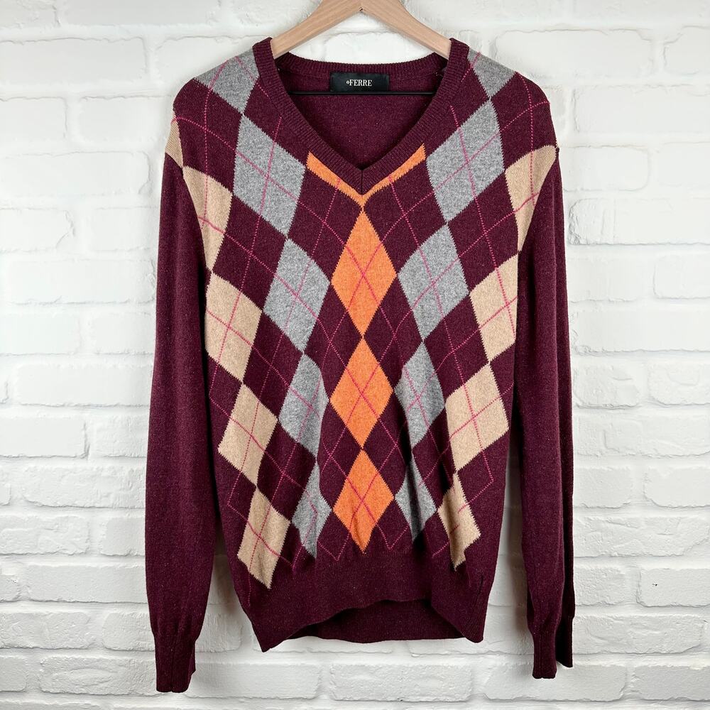 Ferre Ittierre SPA Men's Argyle knit Sweater Wool Cashmere L 52 Gianfranco Y2k